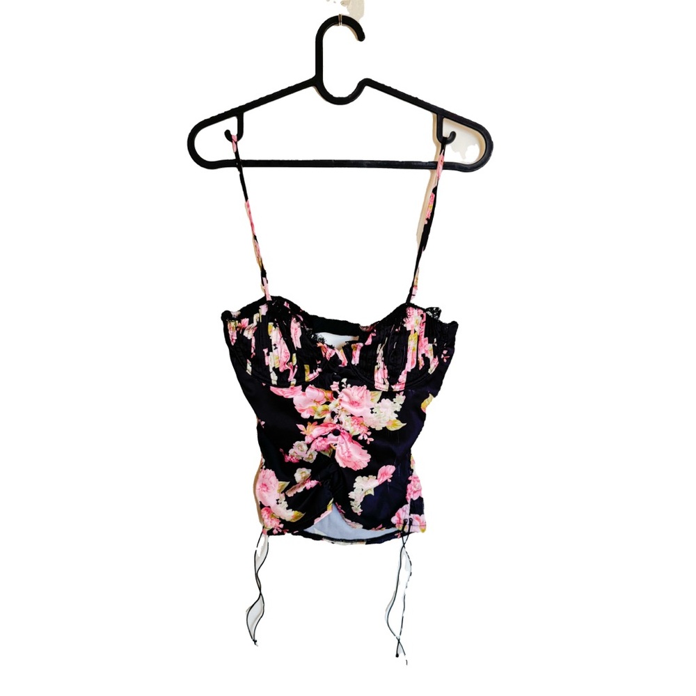 For love and lemons black floral button up satin tank top